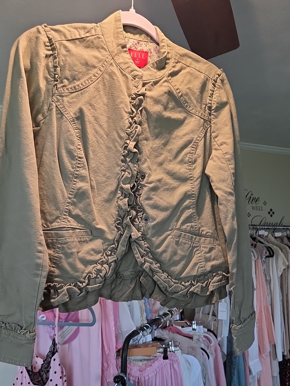 Vintage Elle Olive Ruffled Front Blazer Jacket